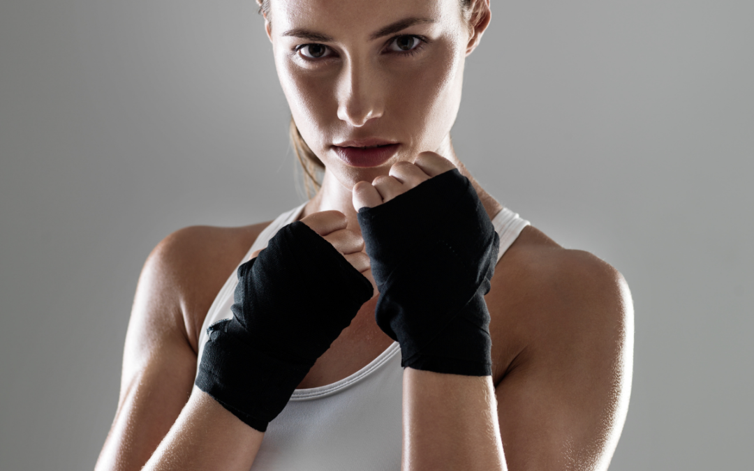 beautiful woman boxer in a fighting stance